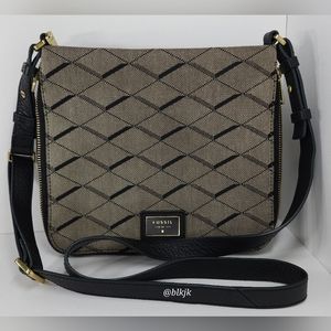 Fossil Jacquard And Pebbled Leather Expandable Crossbody *Tan/Black* EUC